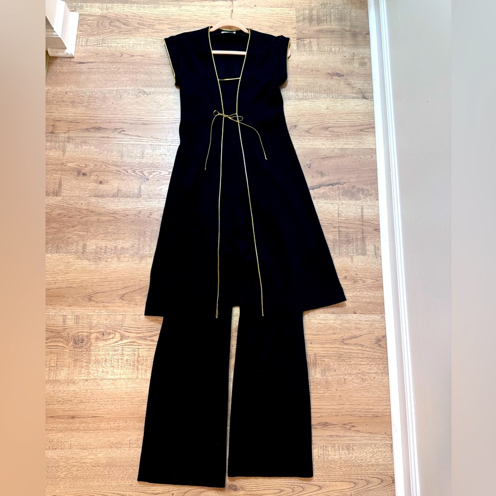 Vintage 80s Jonathan Logan Black and Gold Spaghetti Strapped Jumpsuit & Duster